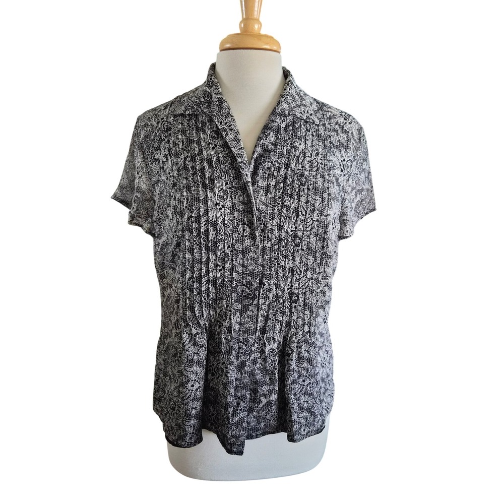Jones New York Collection 100% Silk Blouse Black White Floral Pintuck Top 12